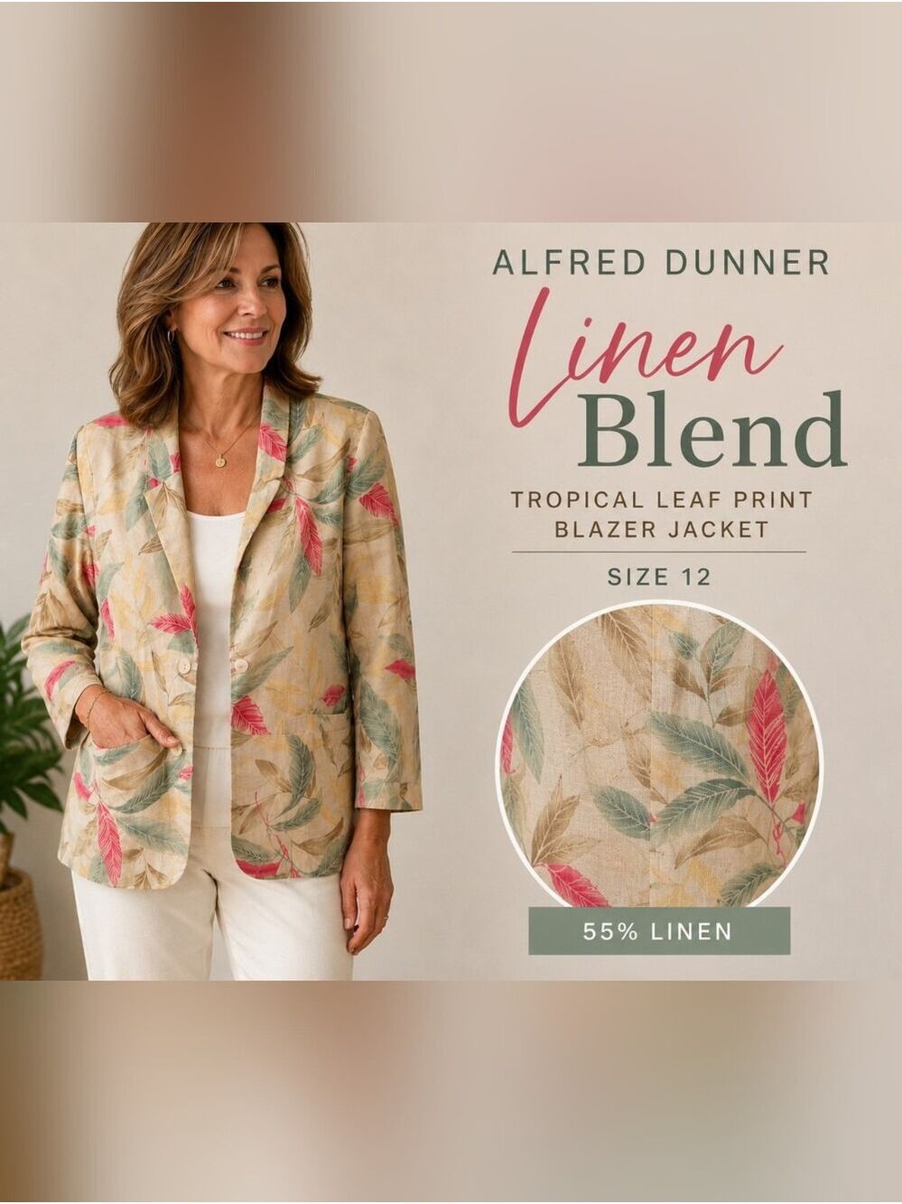 Alfred Dunner Linen Blend Tropical Leaf Blazer Size 12